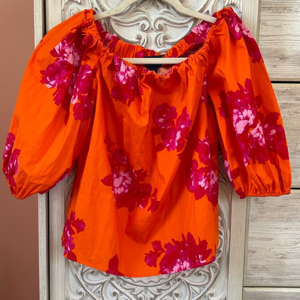 Scoop NYC Orange Puff Sleeve Floral Blouse with Pink Flowers